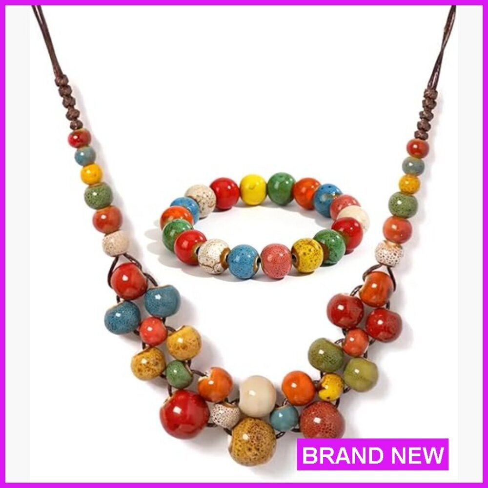 Boho Ceramic Bead Jewelry Set Statement Chunky Necklace Bracelet Women